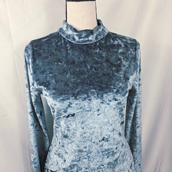 Kinchi Blue 90s Velvet Dress Women Medium Blue Crushed Long Sleeve Mock Neck - Picture 3 of 10
